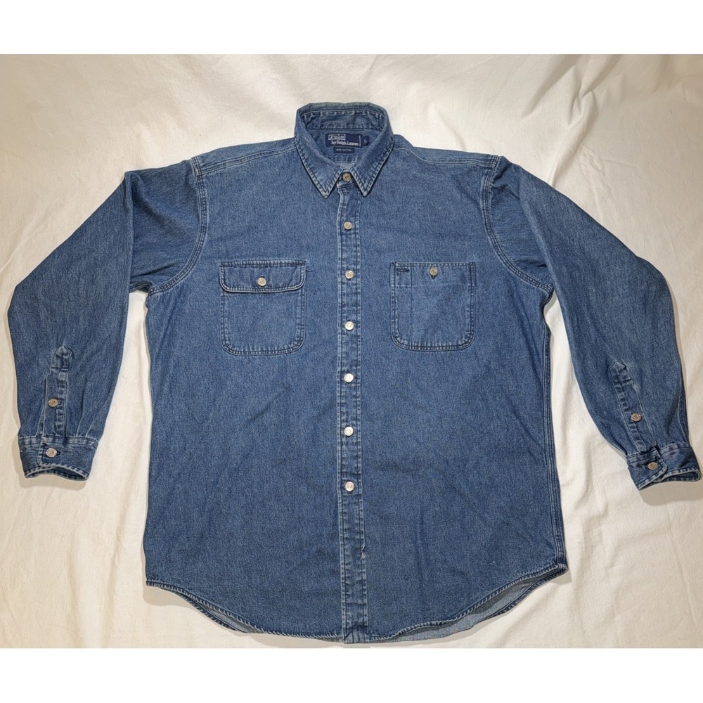 Vtg Polo Ralph Lauren Denim Work Chore Shirt Mens L 90s Button Up Cotton Y2k